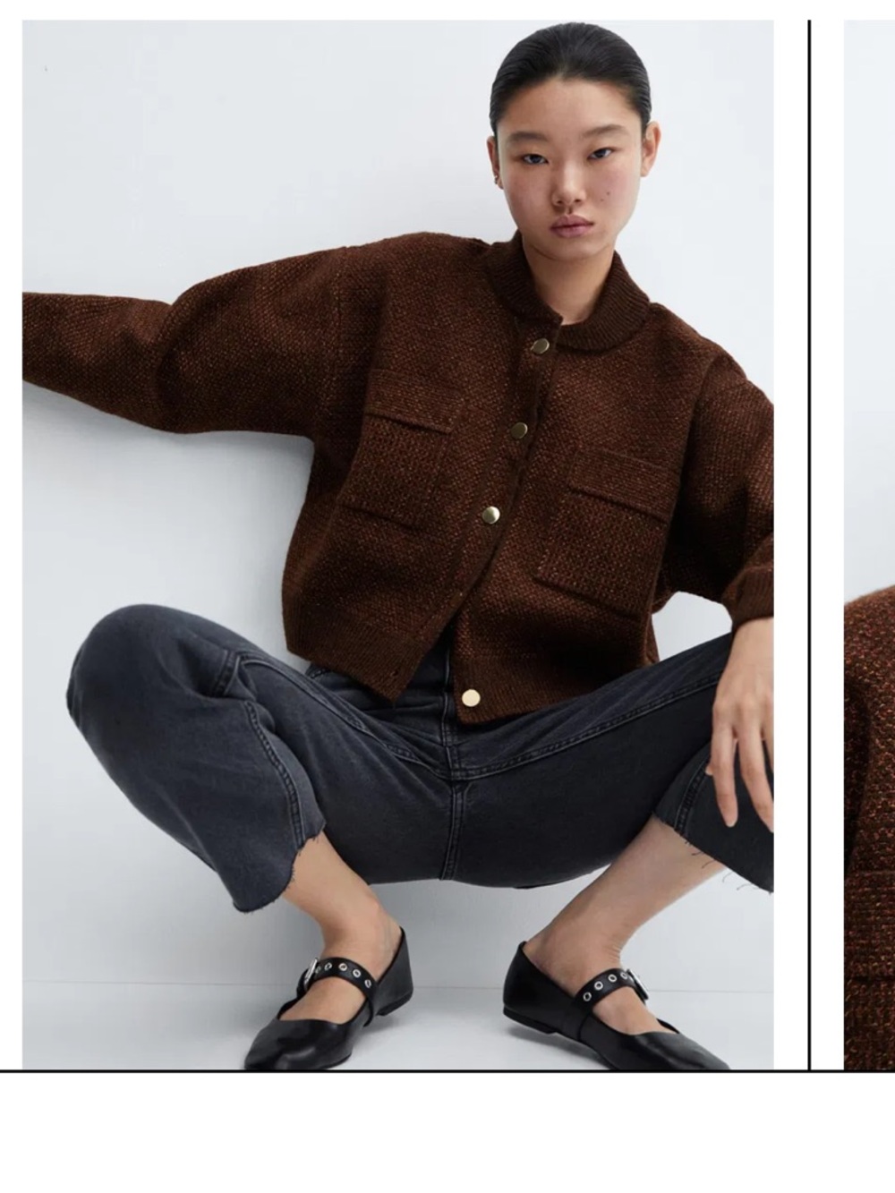 Mango Burgundy Brown Tweed Knit Cardigan Jacket Gold Buttons Size M